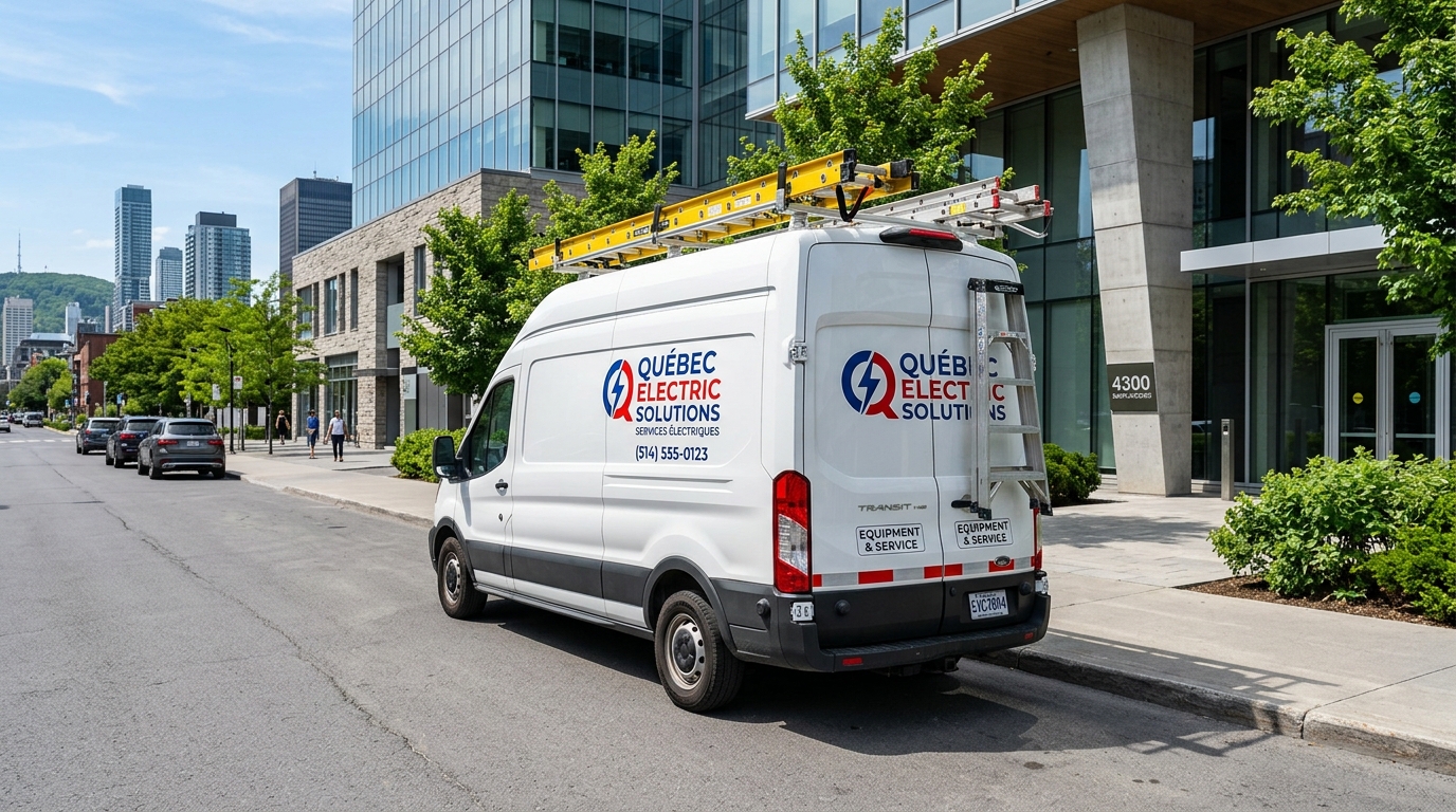 Véhicule de service d'ingénierie électrique en déplacement à Montréal