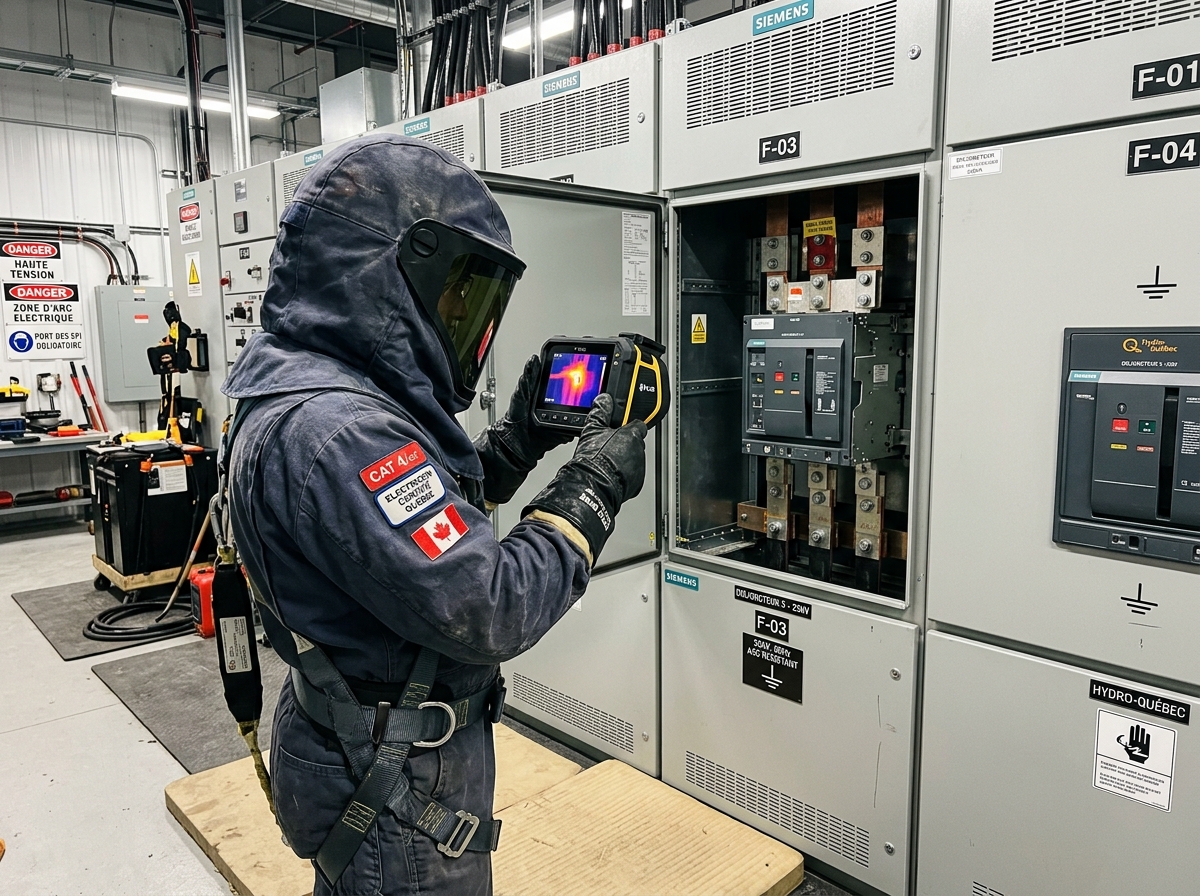 Technicien québécois effectuant thermographie sur switchgear