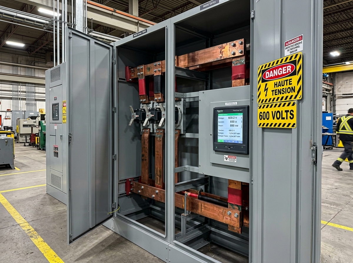 Cellule switchgear 600V ouverte montrant barres omnibus cuivre